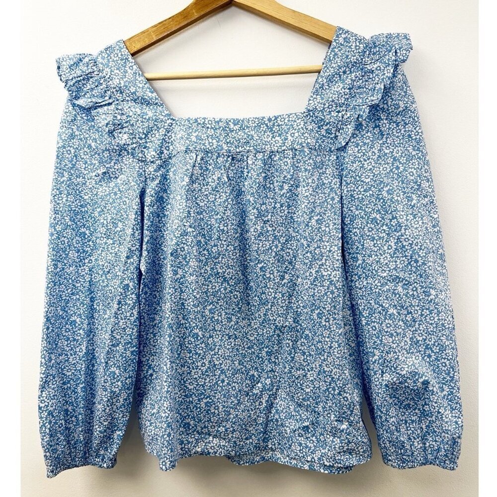 J.Crew Blue Cotton Floral Squareneck Ruffle Top peasant Cottage Core Cottagecore - Picture 5 of 12